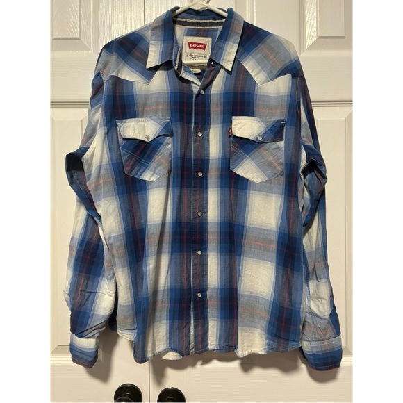 Levi's Blue Plaid Men's Shirt button up collared long sleeve size large top - Picture 4 of 11